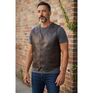 Vintage Brown Western Leather Men’s Sz XXL Vest Biker Cowboy Ranch